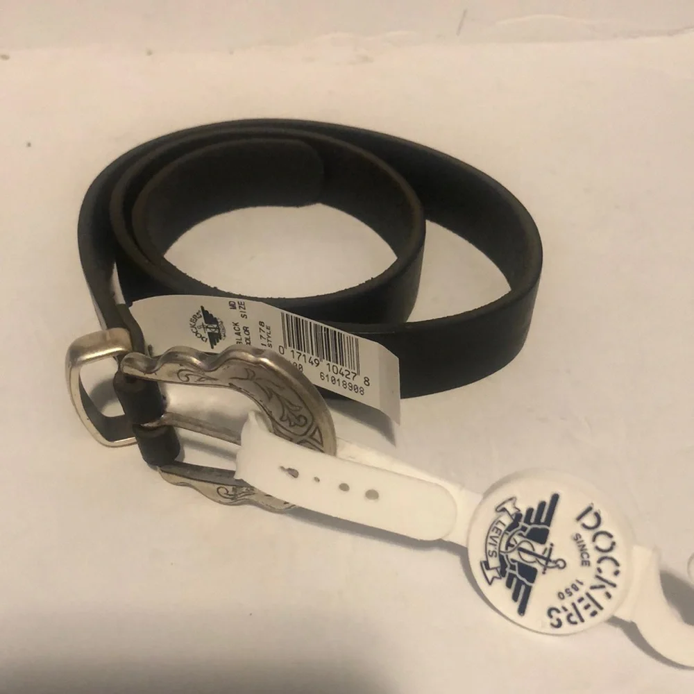 NWT Dockers Black Leather Belt with Floral Design Buckle